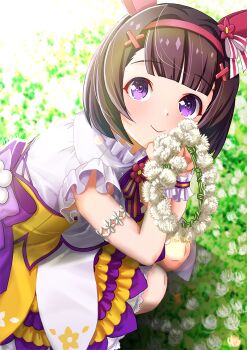 Rule 34 | 1girl, animal ears, blush, bow, brown hair, closed mouth, commentary request, dress, ear covers, flower, hair ornament, hairband, head wreath, holding, horse ears, horse girl, looking at viewer, nishino flower (tiered petal) (umamusume), nishino flower (umamusume), otono (bkt4b), pink hairband, purple eyes, purple skirt, short hair, skirt, sleeveless, sleeveless dress, smile, solo, squatting, umamusume, white dress, wrist cuffs, x hair ornament, yellow skirt