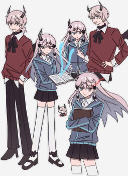 Rule 34 | 1boy, 1girl, :d, anger vein, ankle boots, aqua eyes, black boots, black bow, black horns, black pants, black shoes, black skirt, black wings, book, boots, bow, braid, braided sidelocks, brother and sister, brown eyes, closed mouth, collared shirt, commentary request, cropped legs, demon boy, demon girl, demon horns, demon wings, double-parted bangs, expressionless, flaming eye, friday night funkin', full body, grey background, grey jacket, grin, hair between eyes, hair bow, hair ornament, hand on own hip, hands in pockets, height difference, heterochromia, high heel boots, high heels, highres, holding, holding book, hood, hood down, hooded jacket, horns, hugging book, hugging object, humanization, jacket, jitome, kokococo924, long hair, long sleeves, looking at another, looking at viewer, low ponytail, mary janes, miniskirt, open book, open mouth, outline, pants, pink hair, pleated skirt, ponytail, rasazy (friday night funkin'), red sweater, selever (friday night funkin'), shirt, shoes, short hair, short ponytail, siblings, simple background, single horn, skirt, smile, standing, sweater, thighhighs, very long hair, white outline, white shirt, white thighhighs, wings, x hair ornament, zettai ryouiki