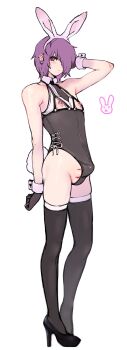 1boy 2n5 absurdres androgynous animal_ears black_gloves black_thighhighs blush bulge commentary ear_piercing erection erection_under_clothes fake_animal_ears full_body gloves hair_over_one_eye high_heels highres leotard looking_at_viewer male_focus mikel-kun nipple_cutout nipple_piercing nipples original penis piercing puffy_nipples purple_eyes rabbit_ears rabbit_tail short_hair simple_background solo standing tail testicles thighhighs trap white_background wrist_cuffs