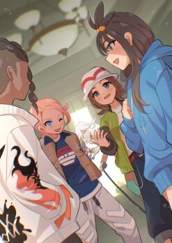 Rule 34 | 2girls, 3boys, az (pokemon), bell-bottoms, black hair, blonde hair, blue eyes, blue hoodie, blue shirt, blush, breasts, brown hair, brown jacket, cane, closed eyes, closed mouth, collarbone, commentary request, cube hair ornament, dark-skinned male, dark skin, floette, floette (eternal), flower, gen 6 pokemon, green jacket, grey eyes, hair ornament, harmony (pokemon), hat, holding, holding cane, holding flower, hood, hood down, hoodie, jacket, leggings, lida (pokemon), long hair, long sleeves, mizuiro123, multiple boys, multiple girls, naveen (pokemon), nintendo, one eye closed, open clothes, open jacket, open mouth, orange leggings, pants, pokemon, pokemon (creature), pokemon legends: z-a, shirt, short hair, smile, striped hat, topknot, two-tone legwear, urbain (pokemon), vest, white hair, white hat, white jacket, white leggings, white shirt, wispy bangs