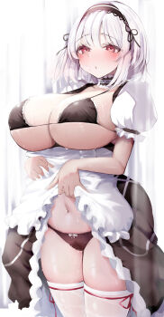 1girl absurdres apron apron_lift azur_lane black_bra black_panties blush bow bow_panties bra breasts cleavage clothes_lift hairband highres huge_breasts lace-trimmed_hairband lace_trim lifting_own_clothes maid maid_apron navel panties pussy_juice raru_(nanaharararu) short_hair sideboob sirius_(azur_lane) skindentation skirt skirt_lift solo stained_panties sweat thick_thighs thighhighs thighs underboob underwear white_hair white_thighhighs