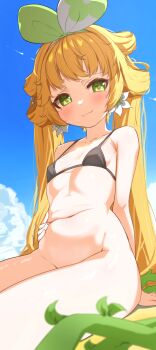 1girl arm_behind_back bare_arms bare_shoulders bikini bikini_top_only black_bikini blonde_hair blue_sky blurry blurry_foreground blush bottomless bow_hairband breasts brown_pupils closed_mouth cloud collarbone cowboy_shot day embarrassed flower green_eyes green_hairband groin hair_flower hair_ornament hair_rings hairband hand_on_own_stomach highres kyaong long_hair looking_at_viewer outdoors plant raised_inner_eyebrows sitting sky small_breasts smile solo stomach strap_gap string_bikini swimsuit thighs twintails verina_(wuthering_waves) very_long_hair vines white_flower wuthering_waves