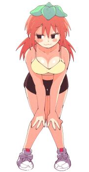 1girl :3 black_shorts breasts camisole cleavage full_body furrowed_brow half-closed_eyes hands_on_own_knees highres inkerton-kun large_breasts leaf leaf_on_head leaning_forward looking_to_the_side monster_girl orange_hair original percci_(inkerton-kun) perci_(inkuusan) pigeon-toed plant_girl plant_on_head shoes short_shorts shorts smile sneakers solo standing twintails white_shoes yellow_camisole