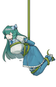 1girl artist_name blue_bow blue_bowtie blue_gemstone blue_gloves blue_ribbon blue_skirt blush bow bowtie breasts closed_eyes closed_mouth drooling elbow_gloves eyebrows_hidden_by_hair from_side full_body gem gloves green_hair guagua977 hair_ribbon high-waist_skirt high_heels highres large_breasts magia_azure mahou_shoujo_ni_akogarete minakami_sayo ribbon shirt simple_background skirt solo suspension vine_bondage white_background white_shirt