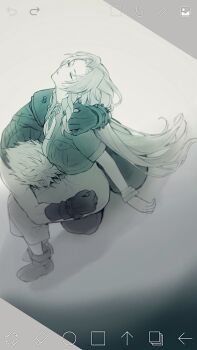 0_ebj 1boy 1girl aerith_gainsborough armor art_program_in_frame bangle boots bracelet breasts cleavage closed_eyes cloud_strife cropped_jacket death dress final_fantasy final_fantasy_vii greyscale highres jewelry kneeling long_dress long_hair medium_breasts monochrome parted_bangs parted_lips pauldrons short_hair short_sleeves shoulder_armor sidelocks single_pauldron sleeveless sleeveless_turtleneck spiked_hair suspenders turtleneck