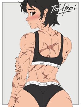 1girl artist_name ass black_hair black_panties black_sports_bra blush border brown_hair calvin_klein cassandra_cain commentary dc_comics english_commentary flat_color from_behind highres looking_at_viewer looking_back muscular muscular_female outside_border panties scar scar_on_arm scar_on_ass scar_on_back short_hair simple_background solo sports_bra sweat the_hikari underwear white_border