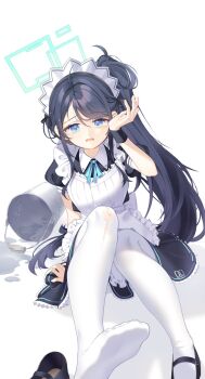 1girl accident apron aqua_halo aris_(blue_archive) aris_(maid)_(blue_archive) arm_at_side black_dress black_hair black_shoes black_wrist_cuffs blue_archive blue_eyes blue_ribbon bucket collared_dress commentary dress frilled_apron frilled_dress frills frown furrowed_brow halo hand_up highres kedge knees_up long_hair looking_at_viewer maid maid_apron maid_headdress mary_janes neck_ribbon no_shoes official_alternate_costume official_alternate_hairstyle open_mouth pantyhose parted_bangs ponytail rectangular_halo ribbon shoes short_dress sidelocks simple_background single_shoe sitting soles solo toes torn_clothes torn_pantyhose very_long_hair white_apron white_background white_pantyhose wrist_cuffs
