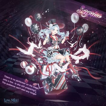 1girl anklet argyle_clothes argyle_skirt artist_request ball balloon beachball black_boots black_choker black_hat black_shirt black_skirt black_socks bloomers blue_eyes blue_hair boots bow bracelet buttons character_name checkered_background choker commentary copyright_logo cropped_shirt dark dot_nose drill_hair english_commentary english_text eyelashes floating_hair flower frilled_skirt frills full_body fur-trimmed_sleeves fur_trim glass_shards gloves happy hat hat_flower hat_ribbon hexagram high_heel_boots high_heels holding holding_wand jack-in-the-box jewelry kneehighs light_particles logo long_hair looking_at_viewer low_twintails magician midriff miniskirt miracle_nikki mismatched_boots mismatched_socks nikki_(series) official_art open_mouth outline petticoat pleated_skirt puffy_short_sleeves puffy_sleeves red_boots red_bow red_hat red_outline red_socks ribbon see-through_clothes shadow shirt short_sleeves sitting skirt smile socks solo sparkle star_(symbol) surprise_(miracle_nikki) tassel third-party_source top_hat twin_drills twintails two-sided_fabric two-sided_headwear two-tone_shirt underwear wand white_bloomers white_flower white_gloves white_ribbon white_shirt