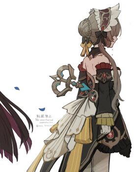 2girls back columbina_(genshin_impact) crying faceless falling_leaves genshin_impact grey_hair hair_ribbon highres leaf long_hair multiple_girls onsen ribbon sandrone_(genshin_impact) skirt standing tears touma_(owo_tooooma) white_background