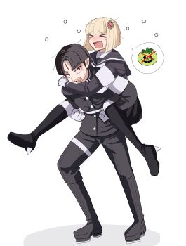 Rule 34 | > <, 1boy, 1girl, absurdres, armband, black boots, black hair, black jacket, black pants, black sailor collar, black serafuku, blonde hair, blush, bodysuit, boots, carrying, carrying person, crying, facial mark, forehead mark, gakuran, gem, gem hair ornament, gloves, highres, image in speech bubble, jacket, last defense academy school uniform, maruko gaku, oosuzuki kurara, open mouth, pakimoti, pants, piggyback, red eyes, red gemstone, sailor collar, school uniform, serafuku, short hair, simple background, sweatdrop, the hundred line -last defense academy-, white armband, white background, white bodysuit, white gloves