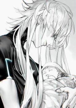1boy asclepius_(fate) asclepius_(first_ascension)_(fate) au_(d_elete) baby blue_eyes carrying carrying_baby carrying_person commentary_request eyelashes fate/grand_order fate_(series) fingernails greyscale long_hair looking_at_another male_focus monochrome parted_lips short_sleeves solo spot_color swaddled turtleneck very_long_hair