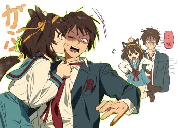 1boy 1girl animal_ear_fluff animal_ears biting biting_cheek blazer blue_sailor_collar blue_skirt brown_eyes brown_hair collared_shirt dog_ears dog_tail green_jacket hair_ribbon hairband highres jacket kita_high_school_uniform kkoo7 kyon long_sleeves necktie open_clothes open_jacket puff_of_air red_necktie red_ribbon ribbon sailor_collar school_uniform serafuku shirt simple_background skirt suzumiya_haruhi suzumiya_haruhi_no_yuuutsu tail tears translation_request white_background white_shirt winter_uniform yellow_hairband yellow_ribbon