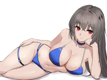 1girl azur_lane bikini blue_bikini blue_choker breasts choker cleavage closed_mouth collarbone commentary_request grey_hair hand_on_own_thigh head_rest highres large_breasts long_hair lying mole mole_on_collarbone multi-strapped_bikini_bottom navel obniermarbiss on_side red_eyes saint-louis_(azur_lane) saint-louis_(holiness_to_haziness)_(azur_lane) simple_background smile solo swimsuit thigh_strap triangle_bikini_top white_background