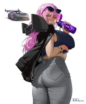 1girl absurdres artist_name ass black_jacket blue_eyes blush boost_(cars) bottle bracelet breasts car cars_(movie) dark_skin eyewear_on_head fingernails grey_pants hair_between_eyes highres holding holding_bottle huge_breasts humanization jacket jacket_on_shoulders jewelry lips long_fingernails long_hair mole mole_under_mouth motor_vehicle nisp_art pants parted_lips pink_hair pink_nails pocket sunglasses sweat