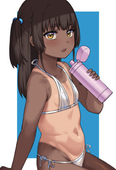 1girl bikini bottle drinking fang hai_ookami highres loli looking_at_viewer navel one-piece_tan open_mouth original side-tie_bikini_bottom solo stomach swimsuit tan tanline water_bottle white_bikini yellow_eyes