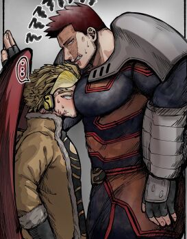 2boys averting_eyes bara between_pecs between_pectorals bodysuit boku_no_hero_academia clenched_teeth couple cramped endeavor_(boku_no_hero_academia) from_side frown hawks_(boku_no_hero_academia) head_between_pecs highres in_locker large_pectorals male_focus mature_male multiple_boys muscular muscular_male nervous_sweating pectorals profile red_hair short_hair shout_lines size_difference spiked_hair sweat teeth thick_eyebrows yama_21 yaoi