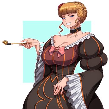 1girl beatrice_(umineko) blonde_hair blue_eyes breasts choker cleavage dress frills grin hair_ornament highres holding jewelry kiseru large_breasts long_sleeves looking_at_viewer ring simmsy smile smoking_pipe solo