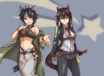 2girls :d animal_ears arknights astrograph21 bare_shoulders belt black_choker black_gloves black_hair black_jacket black_pants blue_eyes brown_belt choker coat coat_partially_removed commentary cosplay criss-cross_straps crop_top fuji_kiseki_(umamusume) fuji_kiseki_(umamusume)_(cosplay) gloves green_coat green_eyes grey_background grey_pants grey_shirt horse_ears jacket leggings looking_at_viewer meteor_(arknights) meteor_(arknights)_(cosplay) meteor_(bard&#039;s_holiday)_(arknights) midriff mole mole_under_eye multiple_girls navel off_shoulder open_clothes open_coat open_jacket open_mouth pants shirt short_hair smile star_(symbol) stomach umamusume