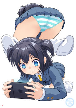 Rule 34 | 1girl, absurdres, all fours, ass, black hair, blue eyes, blue jacket, blue panties, blue skirt, breasts, closed mouth, collared shirt, commentary request, handheld game console, highres, holding, holding handheld game console, jacket, layered sleeves, long hair, long sleeves, loose socks, miniskirt, multiple views, nao suke, necktie, no shoes, original, panties, playing games, playing video games, pleated skirt, shirt, skirt, small breasts, smile, socks, striped clothes, striped panties, two side up, underwear, white shirt, white socks, yellow necktie