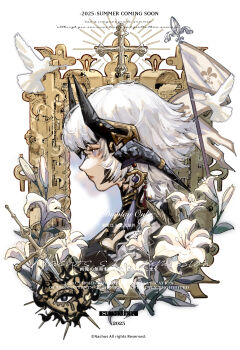 1girl 2025 absurdres bird black_horns commission copyright_notice earrings final_fantasy final_fantasy_xiv flower from_side highres horns huiyouniao jewelry lily_(flower) multiple_horns procreate_(medium) profile scales solo warrior_of_light_(ff14) watermark white_bird white_flower white_hair