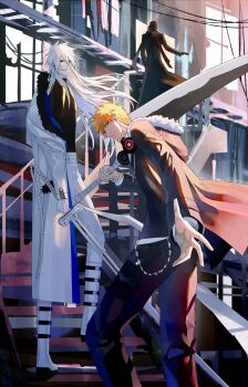 3boys autumn black_hair black_scarf black_sclera bleach closed_mouth colored_sclera colored_skin foreshortening fur-trimmed_jacket fur_trim hair_between_eyes headphones headphones_around_neck highres holding holding_sword holding_weapon hollow_(bleach) hollow_ichigo jacket katana kurosaki_ichigo long_hair looking_at_viewer male_focus multiple_boys orange_hair scarf shikai shinigami shirt short_hair smile spiked_hair stairs sword teeth weapon white_hair white_skin yellow_eyes zangetsu_(bleach) zangetsu_(shikai) zangjun zanpakutou