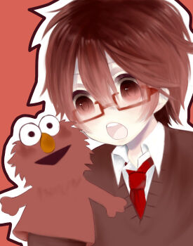1boy amatsuki_(utaite) artist_request brown_eyes brown_hair commentary_request elmo indie_utaite looking_at_viewer male_focus non-web_source open_mouth sesame_street shirt short_hair simple_background smile solo source_request translation_request two-sided_shirt upper_body utaite
