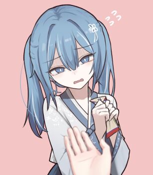 1girl arahashi_tabi blue_eyes blue_hair bright_pupils commentary_request flying_sweatdrops head_tilt highres holding japanese_clothes korean_commentary looking_at_viewer medium_hair multicolored_hair open_mouth pink_background pov pov_hands seongda shaded_face simple_background stellive streaked_hair twintails virtual_youtuber wavy_mouth worried