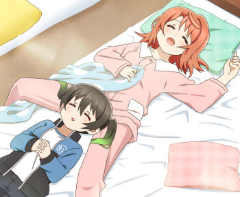 2girls :3 :d ^_^ black_hair black_pants blue_jacket closed_eyes commentary_request gradient_hair green_hair gym_shirt head_on_pillow jacket long_sleeves love_live! love_live!_nijigasaki_high_school_idol_club lying medium_hair messy_sleeper multicolored_hair multiple_girls nijigasaki_track_jacket on_back on_bed open_clothes open_jacket open_mouth orange_hair pajamas pants pillow pink_pajamas pink_pants pink_shirt shirt sleeping smile takasaki_yu track_jacket twintails uehara_ayumu white_shirt yaya_(yaya88000000)
