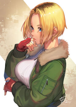 1girl blue_eyes blue_mary bob_cut breasts commentary_request crop_top fatal_fury fatal_fury:_city_of_the_wolves fingerless_gloves fur-trimmed_jacket fur_trim gloves green_jacket hinoru_saikusa jacket large_breasts parted_hair tight_top