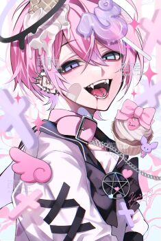 Rule 34 | 1boy, :d, black bow, black bowtie, black halo, blue eyes, bow, bowtie, collar, commentary, cross-laced clothes, cross-laced sleeves, cupcake, double-parted bangs, ear piercing, fangs, food, hair between eyes, halo, highres, kaminoq, looking at viewer, male focus, melting halo, open mouth, original, piercing, pink collar, pink hair, shirt, short hair, smile, solo, tongue piercing, upper body, watermark, white shirt