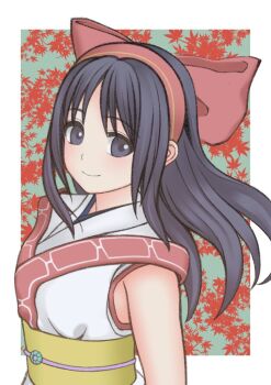 1girl ainu_clothes autumn_leaves breasts hair_ribbon highres leaf long_hair looking_at_viewer nakoruru purple_eyes purple_hair ribbon samurai_spirits small_breasts smile snk solo the_king_of_fighters the_king_of_fighters_xv