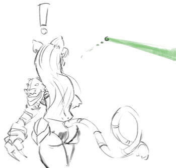 ! 1girl animal_ears animal_hands armor artist_request ass bikini_armor cat_tail claws dimples_of_venus female_focus fingernails from_behind gauntlets hip_armor jinko_(monster_girl_encyclopedia) large_hands laser laser_pointer long_fingernails long_hair long_tail monochrome monster_girl monster_girl_encyclopedia monster_girl_encyclopedia_ii shoulder_armor shoulder_spikes solo spikes spoken_exclamation_mark tail tiger_ears tiger_girl tiger_paws tiger_stripes tiger_tail