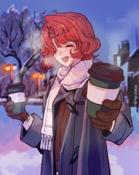Rule 34 | 1girl, ^ ^, alternate costume, bare tree, blue sky, breath, brown gloves, closed eyes, coat, commentary request, cup, disposable coffee cup, disposable cup, gloves, grey coat, highres, holding, holding cup, incoming gift, korean commentary, marsha (reverse:1999), mole, mole under eye, nago (nago1150610), night, open mouth, outdoors, red hair, reverse:1999, scarf, short hair, sky, smile, snow, solo, tree, twitter username, upper body, white scarf