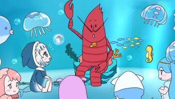 1boy 3girls :d air_bubble animal animal_costume arm_up barefoot bloop_(gawr_gura) blue_eyes blue_hair blue_hoodie blush_stickers bubble chibi closed_mouth day fins fish fish_tail gawr_gura gawr_gura_(1st_costume) grey_hair hat hololive hololive_english hood hood_up hoodie jellyfish mochimiko multicolored_hair multiple_girls notice_lines open_mouth outdoors pink_eyes pink_hair polearm seahorse shark_costume shark_girl shark_tail sharp_teeth shrimp smile squid_hat streaked_hair tail teeth trident underwater virtual_youtuber water weapon whistle whistle_around_neck white_hat