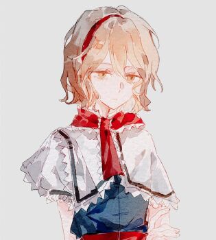 1girl alice_margatroid blonde_hair blue_dress capelet closed_mouth dress expressionless frills hair_between_eyes hairband hand_on_own_arm red_hairband ribbon short_hair short_sleeves solo touhou upper_body wavy_hair white_capelet white_sleeves wssjzwcmd yellow_eyes
