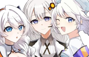 Rule 34 | 3girls, :o, ;o, black coat, blue archive, blue eyes, breasts, coat, color connection, commentary request, hair color connection, hair ornament, highres, honkai (series), honkai impact 3rd, kiana kaslana, kiana kaslana (white comet), kirino (blue archive), kizuna akari, long hair, looking at viewer, multiple girls, nico chan, one eye closed, shirt, smile, upper body, very long hair, voiceroid, white background, white hair, white shirt
