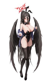 1girl absurdres alternate_costume animal_ear_hairband animal_ears armpit_crease black_bow black_bowtie black_choker black_hair black_leotard black_thighhighs black_wings blue_archive blue_jacket blush bow bowtie breasts choker cleavage closed_mouth commentary cross_halo detached_collar embarrassed fake_animal_ears fake_tail feathered_wings full_body furrowed_brow hair_between_eyes hairband halo hasumi_(blue_archive) highleg highleg_leotard highres ieasty jacket large_breasts leotard long_hair long_hair_between_eyes looking_at_viewer low_wings mole mole_under_eye open_clothes open_jacket oversized_wings playboy_bunny ponytail rabbit_ears rabbit_tail red_eyes red_halo simple_background solo standing strapless strapless_leotard sweat tail thighhighs track_jacket very_long_hair white_background wings