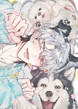 1boy animal_ear_hairband animal_ears aqua_cardigan black_hair cardigan clenched_hands commentary_request dog dog_ear_hairband dog_ears eunho_(plave) fake_animal_ears grey_hair hair_between_eyes hairband hands_up heart highres k-pop korean_commentary looking_at_viewer male_focus multicolored_hair one_eye_closed open_mouth paw_pose plave portrait red_eyes rjduf666 sideways sleeves_past_wrists smile solo teeth two-tone_hair