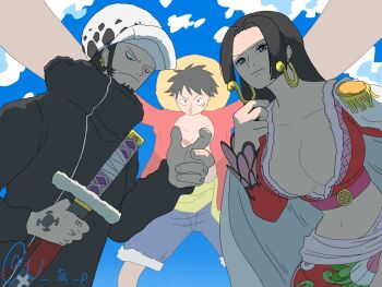Rule 34 | 1girl, 2boys, black coat, black hair, blue eyes, blue shorts, blue sky, boa hancock, breasts, cape, cleavage, coat, commentary, earrings, epaulettes, eyelashes, facial hair, goatee, hand tattoo, hat, high collar, highres, holding, holding sword, holding weapon, jewelry, large breasts, long hair, midriff, monkey d. luffy, multiple boys, navel, one piece, open clothes, open shirt, outdoors, scar, scar on face, short hair, shorts, sideburns, sky, snake earrings, straw hat, sword, tattoo, trafalgar law, twitter username, u ta p, weapon, white cape