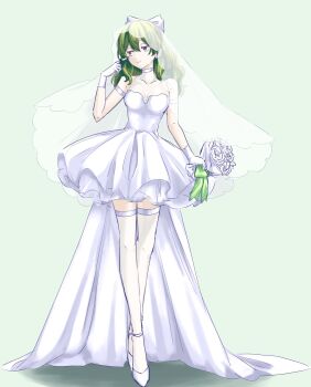 1girl alternate_hairstyle arm_strap banana_(8771207) bouquet bow choker commentary_request crossed_legs dress flower gloves green_background green_bow green_ribbon half-closed_eyes high_heels highres holding holding_bouquet looking_to_the_side purple_eyes ribbon smile solo sousou_no_frieren train_(clothing) ubel_(sousou_no_frieren) vest watson_cross white_bow white_choker white_dress white_footwear white_gloves white_vest