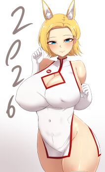 1girl 2026 animal_ears blonde_hair blue_eyes breasts cepchan challengia china_dress chinese_clothes collarbone covered_collarbone covered_navel dress elbow_gloves gloves horse_ears horse_girl hostess large_breasts looking_at_viewer mistynight nchans nchans_style revealing_clothes short_hair simple_background standing white_background white_gloves