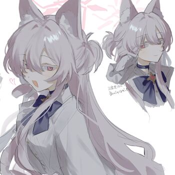 1girl akira_(blue_archive) animal_ear_fluff animal_ears blue_archive cat_ears cat_girl colored_eyelashes halo highres inagoinaire long_hair pink_halo smile solo translation_request upper_body white_background white_eyelashes