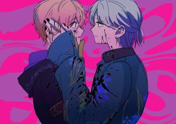 201bmx 2boys absurdres aoyagi_touya black_nails blush closed_mouth commentary green_eyes grey_eyes hand_on_another's_face highres hood hood_down jewelry long_sleeves looking_at_another male_focus mole mole_under_eye multiple_boys multiple_rings nail_polish open_mouth orange_hair ponytail project_sekai ring shinonome_akito short_ponytail smile symbol-only_commentary yaoi