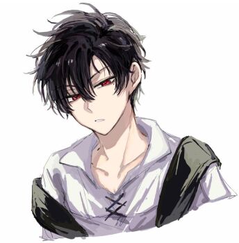 Rule 34 | 1boy, black hair, character request, collarbone, collared shirt, commentary request, copyright request, hair between eyes, looking at viewer, male focus, mole, mole under eye, parted lips, red eyes, shirt, short hair, simple background, sketch, solo, tyoookozuki, upper body, white background, white shirt