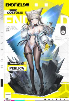 1girl alternate_costume arknights arknights:_endfield bare_shoulders black_pantyhose black_shoes blue_eyes blush breasts closed_mouth commentary covered_navel english_commentary feathered_wings gloves grey_hair head_wings highres jacket large_breasts leotard long_hair looking_at_viewer moleshi open_clothes open_jacket pantyhose perlica_(arknights) see-through_clothes see-through_leotard shoes sidelocks smile solo thigh_strap white_jacket white_leotard wings yellow_gloves