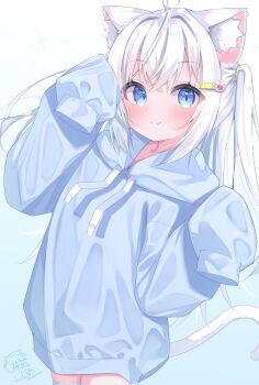 Rule 34 | 1girl, absurdres, animal ears, blue background, blue eyes, blue hoodie, cat ears, cat girl, cat tail, commentary request, fang, fang out, gradient background, hair ornament, hairpin, hands up, highres, hood, hood down, hoodie, long hair, long sleeves, looking at viewer, matchanear, no pants, original, oversized clothes, paw hairpin, simple background, skin fang, sleeves past fingers, sleeves past wrists, smile, sparkle background, tail, thighhighs, two side up, white background, white hair, white thighhighs