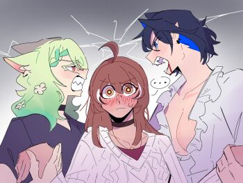 3girls ahoge angry blood blood_from_mouth blush breasts brown_eyes brown_hair ceres_fauna cleavage clenched_teeth confrontation flower frilled_skirt frills glaring green_hair hair_flower hair_ornament highres hololive hololive_english lightning_glare long_hair looking_at_another looking_at_viewer mochiparrot multicolored_hair multiple_girls nanashi_mumei ouro_kronii rivalry skirt sparks streaked_hair teeth vampire virtual_youtuber werewolf yellow_eyes yuri