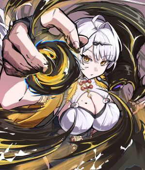 1girl ahoge arm_up armlet asymmetrical_gloves bird black_bird black_gloves black_unitard breasts cleavage commentary fingerless_gloves gloves hair_ornament hairpin highres ink jacket jewelry kraken_bio large_breasts long_hair parted_lips single_hair_intake solo uneven_gloves upper_body white_hair yellow_eyes yellow_jacket yin_yang_pin yixuan_(zenless_zone_zero) zenless_zone_zero