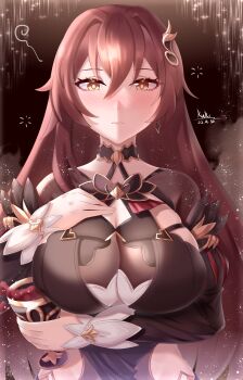 1girl absurdres arm_under_breasts artist_name black_dress breasts chalice cleavage_cutout clothing_cutout commentary_request cup cutescookie dated dress earrings eden_(honkai_impact) hand_on_own_chest highres holding holding_cup honkai_(series) honkai_impact_3rd jewelry large_breasts long_hair looking_at_viewer see-through_cleavage see-through_clothes solo upper_body very_long_hair yellow_eyes