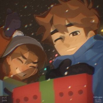 2023 2boys alternate_costume antenna_hair arm_up artist_name black_eyes black_gloves blue_coat box bright_pupils brothers brown_hair closed_eyes coat dark-skinned_male dark_skin gift gift_box gloves grin hero_(faraway)_(omori) hero_(omori) highres holding holding_gift kel_(faraway)_(omori) kel_(omori) long_sleeves looking_at_viewer madnopost male_focus mole mole_under_eye multiple_boys omori one_eye_closed open_mouth orange_coat outdoors short_hair siblings smile snow snowing teeth thumbs_up white_pupils